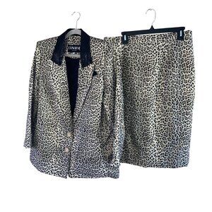 Criscione NY Vintage Womens Collar Skirt Suit Size L/XL Embellished Leopard Prin